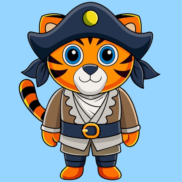 Вектор Тигр в пиратском костюме, нарисованный вручную, плоский стильный мультфильмный наклейка икона концепция изолирована