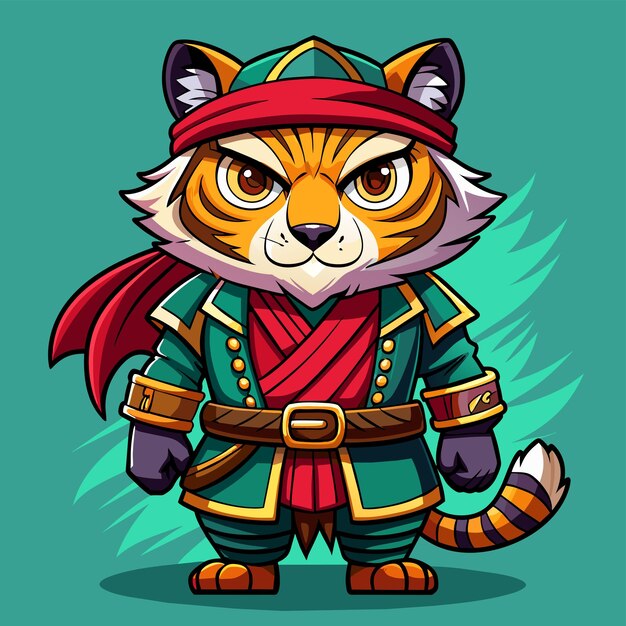 Tiger wearing pirate costume hand drawn flat stylish cartoon sticker icon concept isolated
