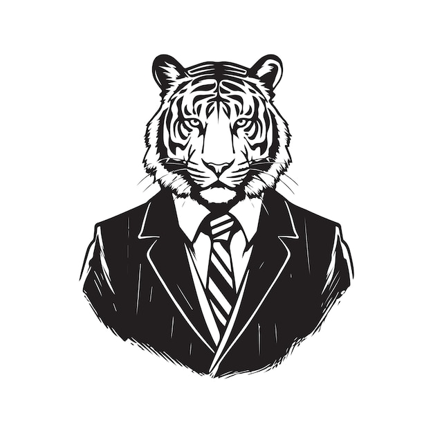 Tiger wearing suit vintage logo line art concept black and white color hand drawn illustration