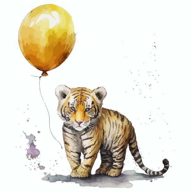 Tiger with big yellow balloon in 3d style Isolated vector illustration