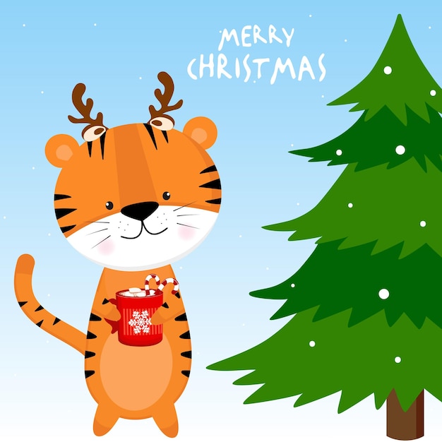 Vector tiger with a christmas tree and coffee mug with marshmallows