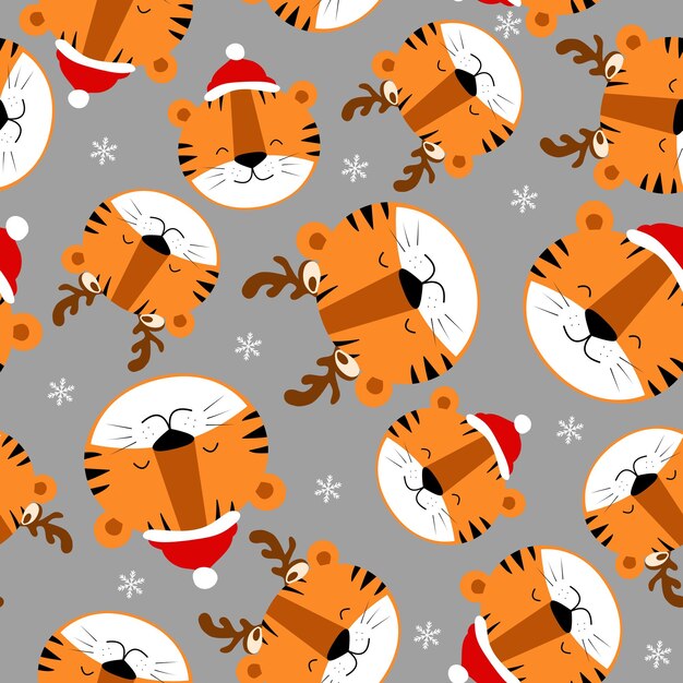 Vector tiger with deer horns and a new year's hat christmas seamless pattern