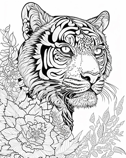 Vector a tiger with flowers and leaves on it