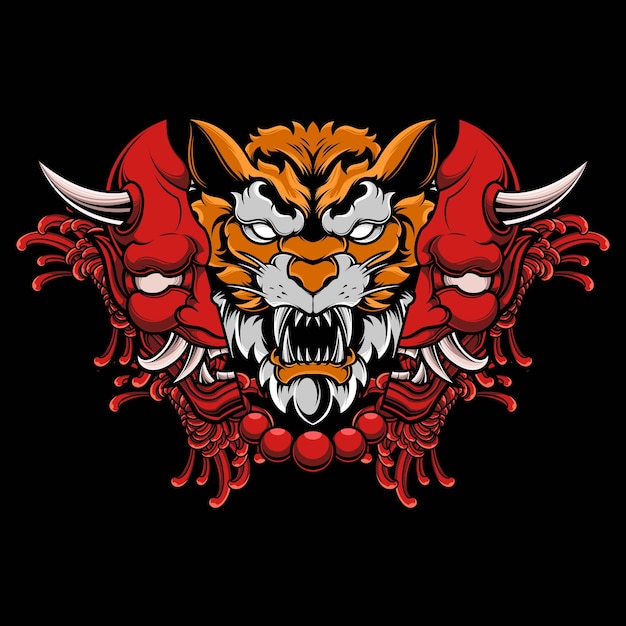 TIGER WITH HANNYA ONI MASK VECTOR ILLUSTRATION