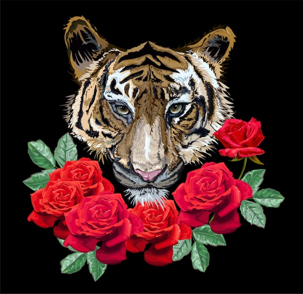 Tiger with  roses on black background