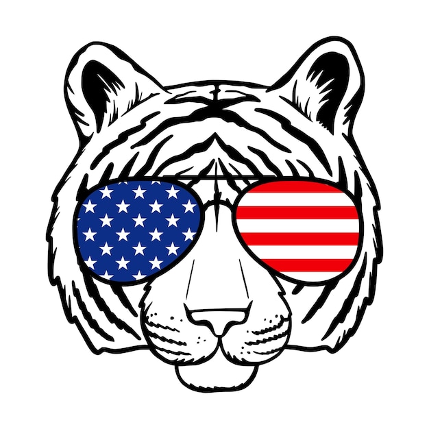 Tiger with sunglasses and USA Flag print Vector illustration Isolated on white background