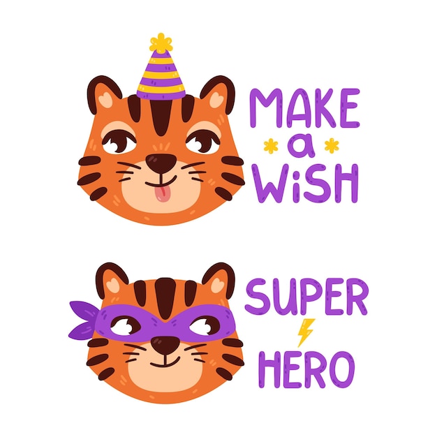 슈퍼 히어로 마스크와 파티 모자를 쓴 호랑이 중국 12궁도 동물 슈퍼 영웅과 소원 글자 만들기