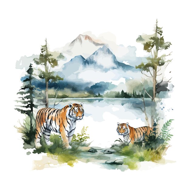 Tigers on the background of a watercolor landscape Vector illustration design