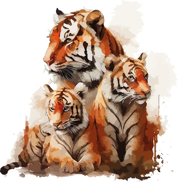 Tigers drawn with watercolor, Tiger family, vector, illustrator, leopard family, Jaguar family