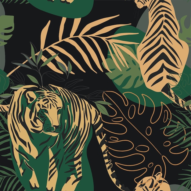 Тигры бесшовный узор на фоне тропических листьев Вектор