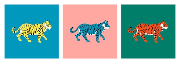 Vettore tigri set di 3 illustrazioni disegnate a mano la tigre astratta sta di lato design luminoso e colorato