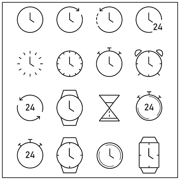 Tijd en klok pictogrammen plat ontwerp dunne lijnstijl