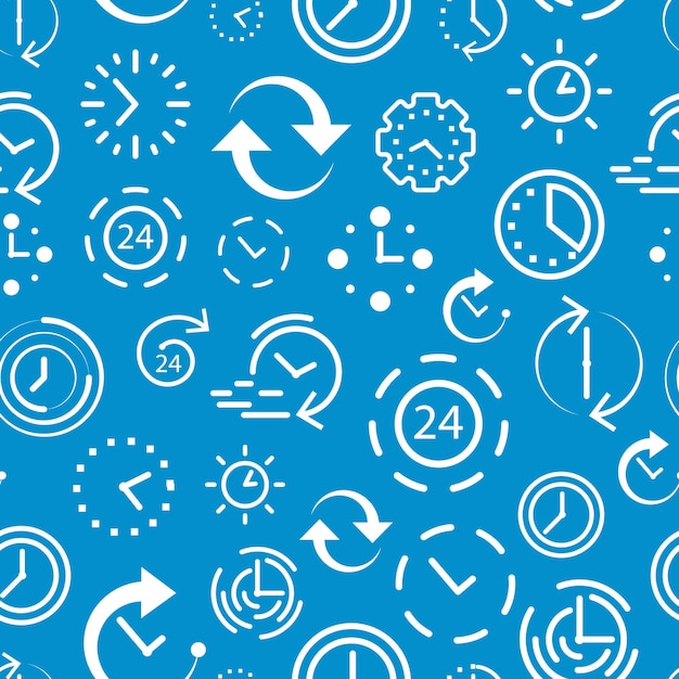 Tijd en klokpictogrammen. naadloos patroon met blauwe achtergrond. wekker en stopwatch-elementen. set van witte dunne lijn iconen. vector illustratie.