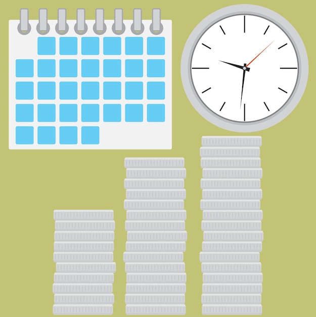 Vector tijd is geld zilveren muntvoorraad met klok muntzilver en kloktijd voorraadfinanciering geldinvestering in tijd vectorillustratie met plat ontwerp