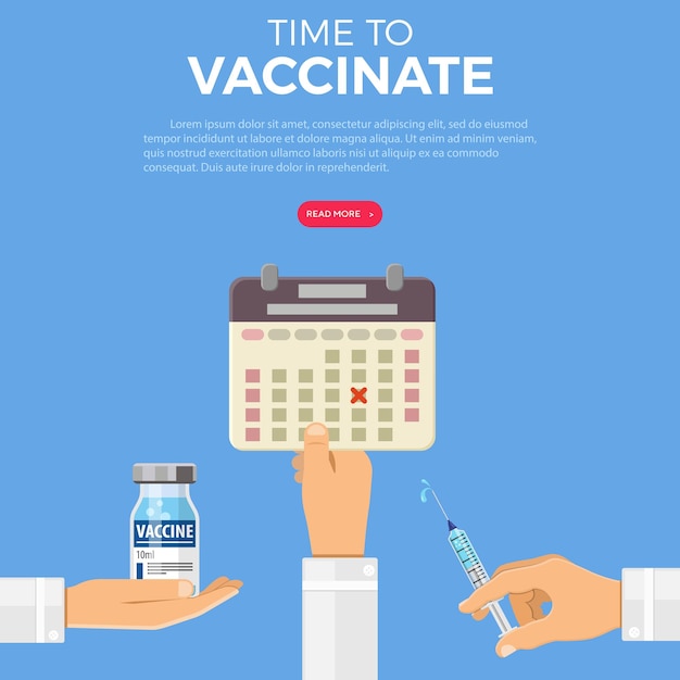 Tijd om Concept te vaccineren. pictogram plastic medische spuit met flacon vaccin, kalender in de hand van de arts. platte stijlicoon. concept vaccinatie, injectie, griepprik. geïsoleerde vectorillustratie