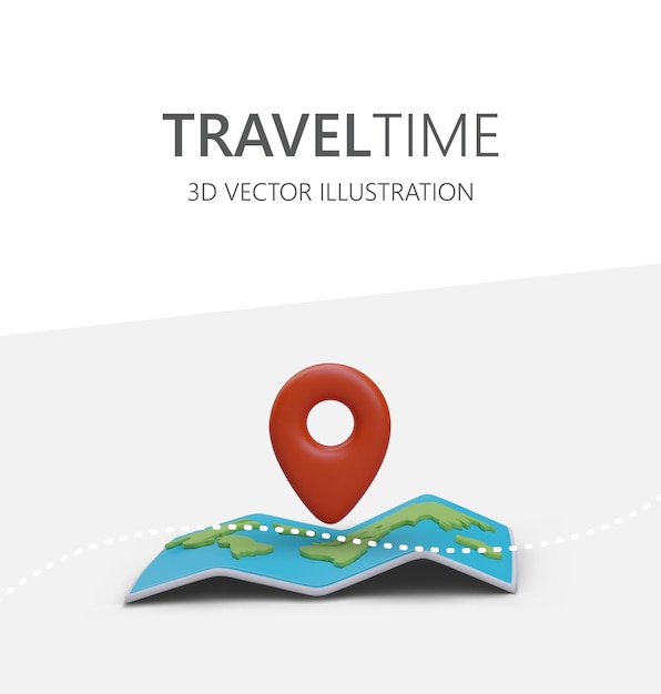Tijd om te reizen 3D-kaart met bochtmarkeringen Rode geotag geeft plaats van aankomst aan Verticale poster voor reclame voor toeristische routes rondleidingen excursies Tickets boeken