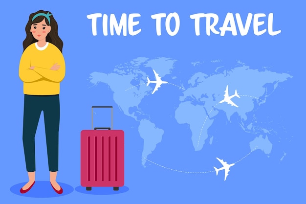 Tijd om te reizen concept Vrouw met bagage is klaar om te reizen