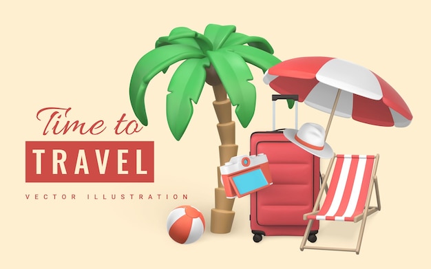 Tijd om te reizen promo banner ontwerp cartoon 3d reizen trolley tas tropische palmboom parasol zwemmen bal strandstoel camera en hoed zomer object vectorillustratie