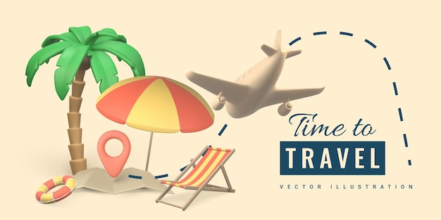 Tijd om te reizen promo banner ontwerp Zomer 3d realistisch render vectorobjecten Tropische palmboom parasol zwemmen ring strandstoel en vliegtuig Vector illustratie