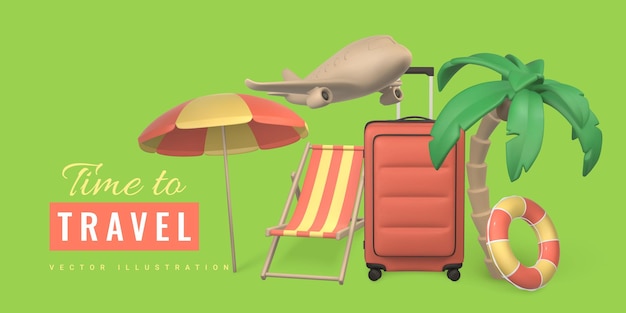 Tijd om te reizen promo banner ontwerp Zomer 3d realistisch render vectorobjecten Tropische palmboom parasol zwemmen ring strandstoel en vliegtuig Vector illustratie