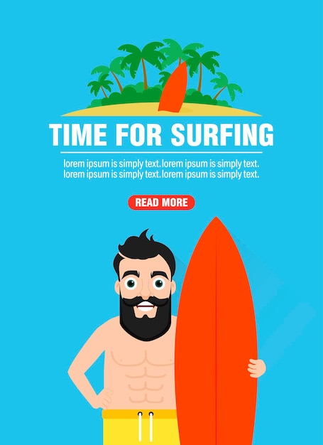 Tijd om te surfen surfer conceptontwerp platte banner