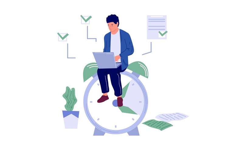 Vector tijdbeheer zakelijke mensen plannen werk en strategie taken prioriteit en agenda controle voltooide papierwerk man zit op wekker vector productieve baan organisatie concept