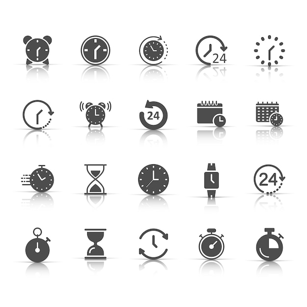 Tijdicoon ingesteld in platte stijl Agenda klok vector illustratie op witte geïsoleerde achtergrond Zandglas horloge timer bedrijfsconcept