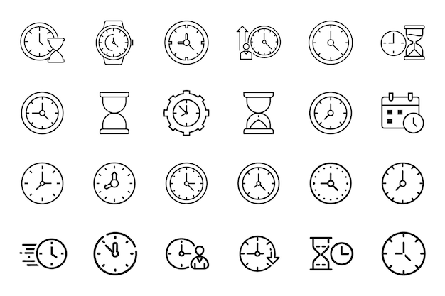 Tijdklok silhouet icoon set geïsoleerd met vlakke omtrek vector illustratie