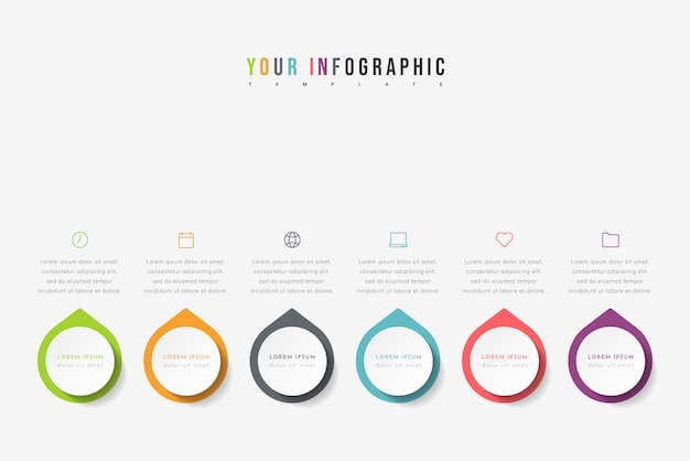 tijdlijn infographic met 6 pointers, stappen of processen. Kleurrijk sjabloonontwerp.