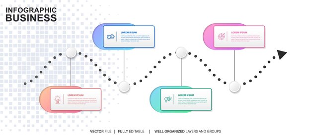 Vector tijdlijn infographic met infochart moderne presentatiesjabloon met 4 spets voor bedrijfsprocessen