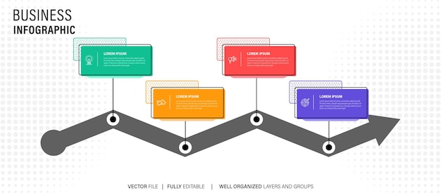 Tijdlijn infographic met infochart Moderne presentatiesjabloon met 4 stappen voor bedrijfsprocessen