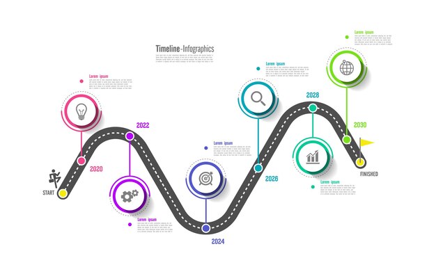 Tijdlijn infographic platte zakelijke sjabloon cirkel kleurrijk met zes stappen