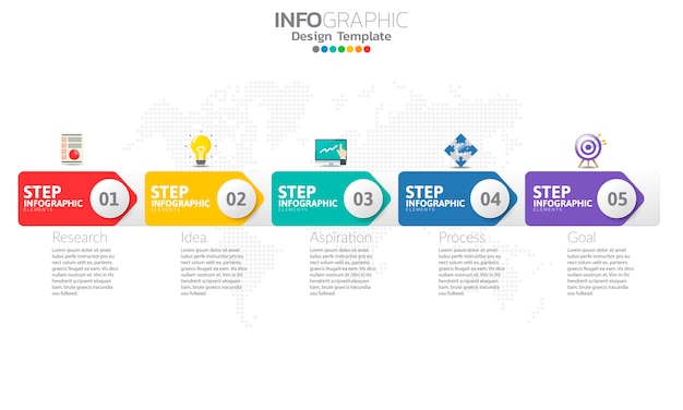 Tijdlijn infographic sjabloon met pijlen en 5 opties plat ontwerp