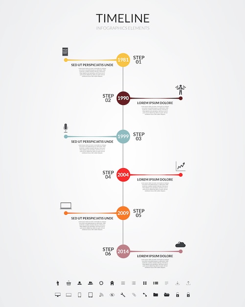 Tijdlijn infographics, elementen en pictogrammen. vector