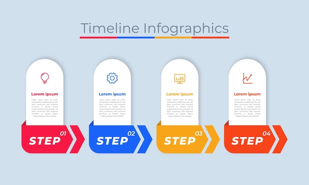 Tijdlijn infographics ontwerp marketing pictogrammen werkstroomdiagram bedrijfsgegevensvisualisatie met stappen