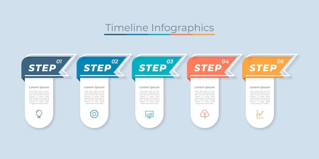 Tijdlijn Infographics Ontwerp Marketing Pictogrammen Werkstroomdiagram Bedrijfsgegevensvisualisatie met stappen