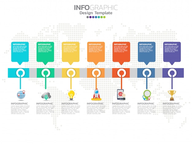 Tijdlijn infographics ontwerpsjabloon met 7 opties, processchema.