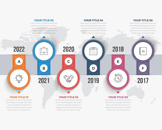 Tijdlijn infographics sjabloon met 06 stappen cirkel