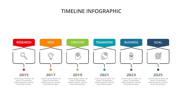 Tijdlijn met 6 elementen infographic sjabloon voor web zakelijke presentaties vectorillustratie