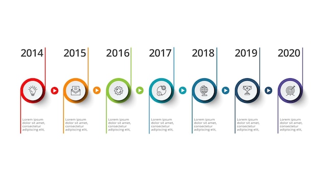 Tijdlijn met 7 elementen infographic sjabloon voor web zakelijke presentaties vectorillustratie