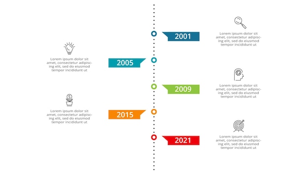 Tijdlijn met 7 elementen infographic sjabloon voor web zakelijke presentaties vectorillustratie
