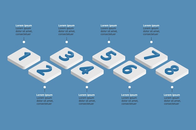 Tijdlijn stappendiagramsjabloon voor infographic voor presentatie voor 8 elementen in blauw