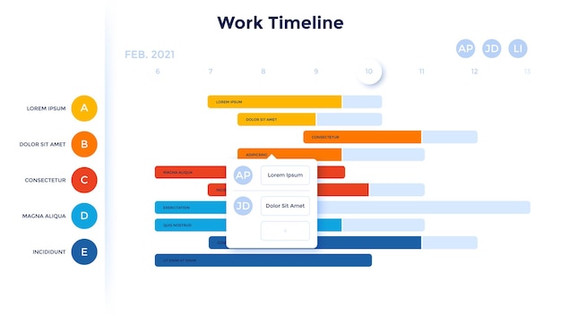 Vector tijdlijndiagram met 5 horizontale balken en maandaanduiding concept van voltooiing voortgang van werkproject corporate infographic ontwerpsjabloon moderne platte vectorillustratie voor taak volgen