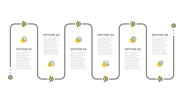 Tijdlijnelementen voor info grafisch concept met 6 opties