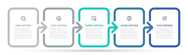Vector tijdlijnproces met 5 opties of stappen.