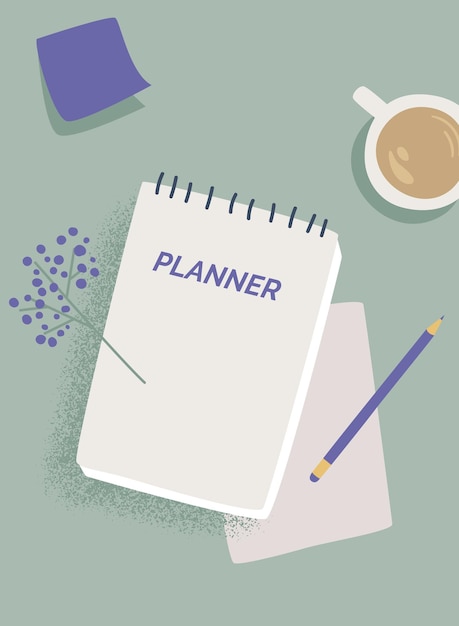 Tijdplanningsconcept. Bovenaanzicht van Kladblok met woordplanner op desktop, potlood, koffie, sticker. vectorillustraties