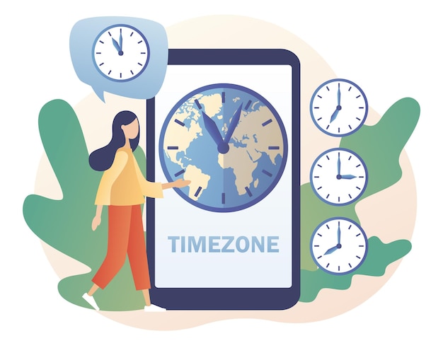 Tijdzones. Internationale tijd en datum online. Klok met lokale tijd in smartphone-app.