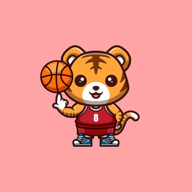 Tijger Basketbal Leuke Creatieve Kawaii Cartoon Mascotte Logo