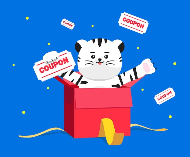 Vector tijger die tevoorschijn komt met een coupon in de doos illustratie set evenement promotiepunt pop-up