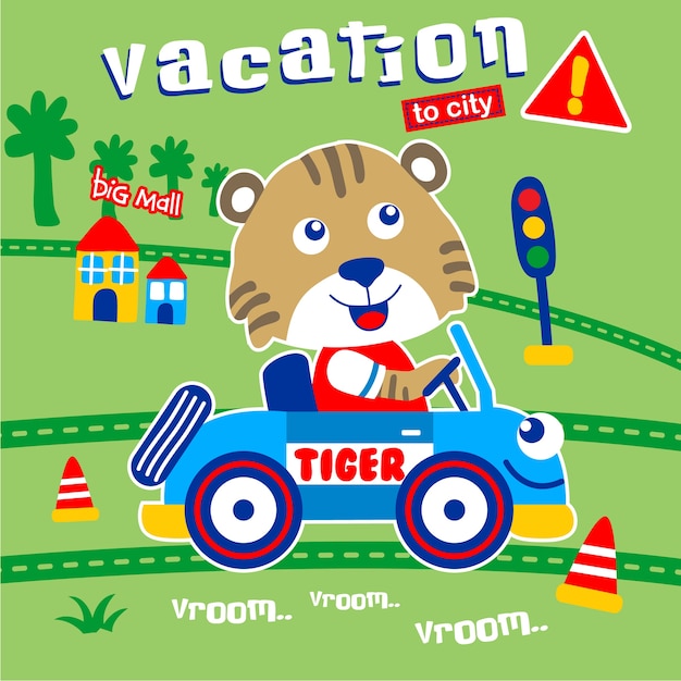 Tijger en auto op vakantie naar de stad leuke cartoon